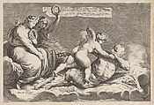 Cupid wrestling with Pan, amongst the clouds, with two allegorical women seated at left, Jacob Matham Netherlandish, Engraving; second state of five