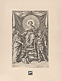 Allegory with enthroned woman in center, with a woman at left, a man at right, and a cherub on the floor holding a coat of arms with three towers, François Chiche  French, Etching