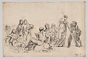 A group of nine women, one at center holds a baby and one at right holds a shepherdess's crook, Anonymous (W. R.), Etching