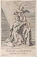 Saint Catherine of Alexandria, kneeling with her elbow resting on the spiked wheel, and an angel crowning her with a flower wreath, Sir Nicolas Dorigny  French, Etching