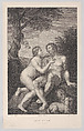 Adam and Eve, seated on a rock, with a serpent coiled around a tree at left and a lion and a lamb at right, Jean Antoine Pierron French, Engraving