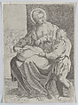 The Virgin seated holding a pillow on her lap with the young Christ standing at right, Annibale Carracci  Italian, Etching