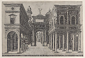 A street with various buildings, colonnades and an arch, Donato d'Agnolo Bramante  Italian, Engraving