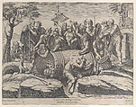 Marcus Atilius Regulus in a barrel while two men are hammering in the nails, various figures throughout, Diana Scultori  Italian, Engraving; first state of two