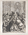Death of the Virgin, lying on a chair at center, surrounded by Apostles, inside a temple, Joseph Fischer Austrian, Etching