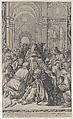 Death of the Virgin, lying on a chair at center, surrounded by Apostles, inside a temple, Jean Le Clerc  French, Etching