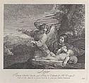The angel appearing to Hagar in the wilderness as she folds her hands next to the sleeping Ishmael, Charles Simonneau  French, Etching and engraving