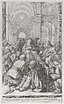 Death of the Virgin, lying on a chair at center, surrounded by Apostles, inside a temple, Jean Le Clerc  French, Etching