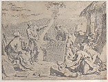Stonemasons carving the arms of the Bolognese Cardinal Petro Vidono, under his direction, Anonymous, Etching