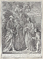 Conversion of Zacchaeus, with Christ at right addressing the tax collector, who is seated in a tree at top center, Pietro Monaco Italian, Etching