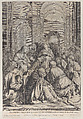 Death of the Virgin, lying on a chair at center, surrounded by Apostles, inside a temple, Anonymous (Mel. Drumond), Etching