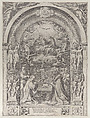 Saints Lawrence, Sixtus, Peter, and Paul adoring the Coronation of the Virgin by Christ above, Anonymous, Engraving