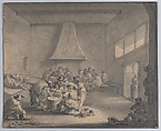 Guardroom Scene, Pieter Bout Flemish, Pen and gray ink, brush and gray wash on paper laid down to card; framing lines in pen and black ink