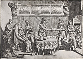 Venerable Idleness, Queen of Cockaigne; a fat woman seated on a movable toilet chair being waited on and fed by seven women, Nicolò Nelli (Italian, active Venice, ca. 1552–79), Engraving