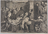 The raising of Lazarus, who is carried by three men at left, while his sister and Christ look on at right; from 'Theatrum Pictorium', after Pordenone, Jan van Troyen  Flemish, Etching and engraving