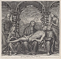 Christ in the tomb, resting across the Virgin's lap; after Perugino, Claude Duflos French, Engraving
