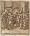Christ standing before an entrance to a city surrounded by apostles addressing a group of men at right, Stefano Mulinari  Italian, Etching with sulphur tone printed in brown