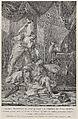 Jael hammering a tent peg into the temple of the sleeping Sisera, to the right a servant hides behind a curtain; from the series of 112 prints of the sacred history, after the painting by Giovanni Battista Pittoni, Pietro Monaco  Italian, Etching and engraving