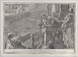 Christ on a balcony surrounded by guards, Pilate stands to the right gesturing toward him; from the series of 112 prints of the sacred history, after the painting by Mattia Preti, Pietro Monaco Italian, Etching and engraving