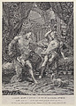 Samson and Delilah seated on a bed, Samson tearing apart the ropes binding his hands as soldiers look on from behind a curtain; from the series of 112 prints of the sacred history, after the painting by Giovanni Battista Pittoni, Pietro Monaco  Italian, Etching and engraving