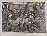 The raising of Lazarus, who is carried by three men at left, while his sister and Christ look on at right; from "Theatrum Pictorium", Jan van Troyen  Flemish, Etching and engraving