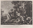 Tancrede and Herminia, within a landscape, as Cupid shoots an arrow towards Herminia at upper right, Jean Charles Le Vasseur French, Etching and engraving