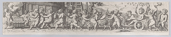 The triumph of the infant Bacchus, who is being pulled along in a chariot by putti playing musical instruments, René Boyvin  French, Engraving