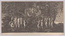 The musical contest between the Muses on one side and the Pierides on the other, judged by the gods of Olympus, Anonymous, Etching