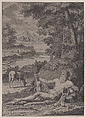 River god in a landscape, Frederik Ottens Dutch, Etching
