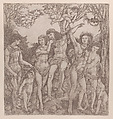 Allegory of the Power of Love, with a man at center embracing a semi-naked woman, who is bound to a tree by Cupid, Cristofano di Michele Martini (Il Robetta) (Italian, Florence 1462–after 1535 Florence), Engraving in brown ink