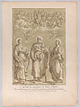 Saint Paul accompanied by two female saints with angels above, Paul Ponce Antoine Robert-de-Seri French, Etching and aquatint in green ink
