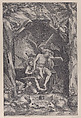 Christ rising from the tomb, assisted by two angels, Martino Rota  Italian, Engraving