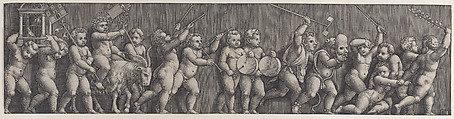 A frieze arrangement with a putto weating a laurel crown riding a goat at left and many infants playing musical instruments in front, Master of the Die (Italian, active Rome, ca. 1530–60), Engraving