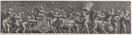 A frieze arrangement depcting the Triumph of Love; Cupid in a Chariot led by goats, many other putti filling the composition, Master of the Die (Italian, active Rome, ca. 1530–60), Engraving