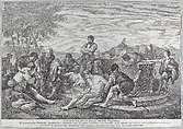 Joseph being sold into slavery by his brothers, who sit around a well dividing up the coins, Pietro Monaco Italian, Etching