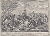 Joseph being sold into slavery by his brothers, who sit around a well dividing up the coins, Pietro Monaco Italian, Etching