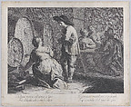 A barmaid filling mugs at left, a man holds a bottle at center, and three people sit at a table drinking at right, Giovanni Volpato  Italian, Etching