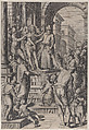 Christ presented to the people by Pilate, standing atop stairs at left with a crowd at right, Matthaeus Greuter German, Engraving