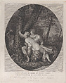Angelica lying across the lap of Medoro and writes their names on a tree trunk, Giovanni Folo  Italian, Engraving