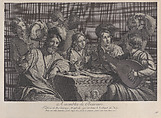 Seven men gathered around a table, drinking and listening to a lute player, Jean-Baptiste Haussard  French, Etching and engraving