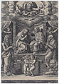 The Coronation of the Virgin, at lower left stands St John the Baptist, at lower right St Jerome, God the father above, Master of the Die (Italian, active Rome, ca. 1530–60), Engraving