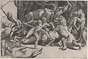 Five men fighting beasts, at lower left is a fallen boar, Master of the Die (Italian, active Rome, ca. 1530–60), Engraving