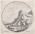 Plate 1: a horseman riding towards the left, followed by a dog, in a rocky landscape, Lodovico Mattioli  Italian, Etching