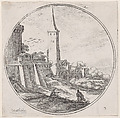 Plate 2: two figures outside of the walls of a town, a tower at center, Lodovico Mattioli  Italian, Etching