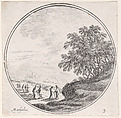 Plate 3: figures in a landscape at lower left, trees at right, Lodovico Mattioli  Italian, Etching