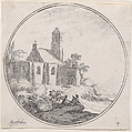 Plate 4: three figures seated outside of a church, Lodovico Mattioli  Italian, Etching