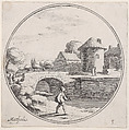 Plate 5: man walking with fishing pole at center, a bridge and village in the background, Lodovico Mattioli  Italian, Etching