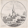 Plate 6: church steeple at center, with groups of people standing in a landscape below, Lodovico Mattioli  Italian, Etching