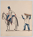 A soldier on horseback holding a rope that secures an enslaved indigenous man who is balancing a basket on his head; from a group of drawings depicting Peruvian dress, Francisco (Pancho) Fierro  African Peruvian, Watercolor