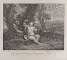 The infant Bacchus seated under a tree, holding up a wine glass, with another infant behind him at left, Raphael Morghen  Italian, Engraving